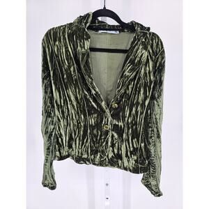 Passion Concept Womens Sz XL Long Sleeve Button Up Shirt Green Crushed Velvet